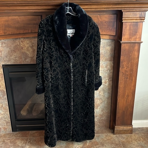 Vintage black taupe patterned plush faux fur long jacket coat glamorous chic S - Picture 1 of 17